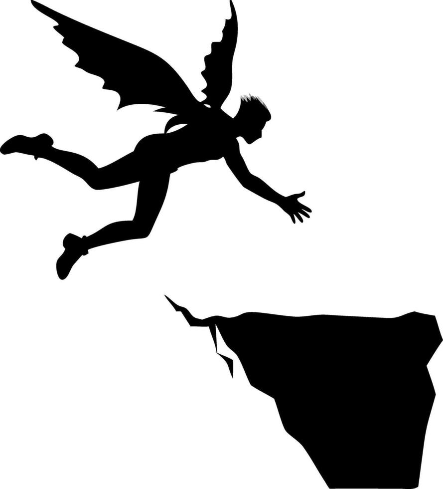 Winged Silhouette Leaping Across Craggy Cliff Adventure Fantasy Concept vector