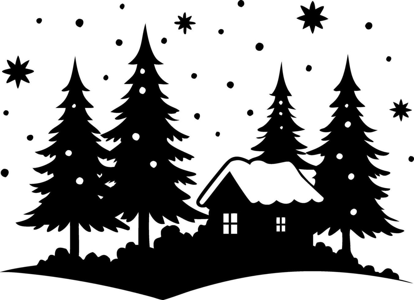Winter Cabin Amidst Pine Trees Snowy Night Illustration vector