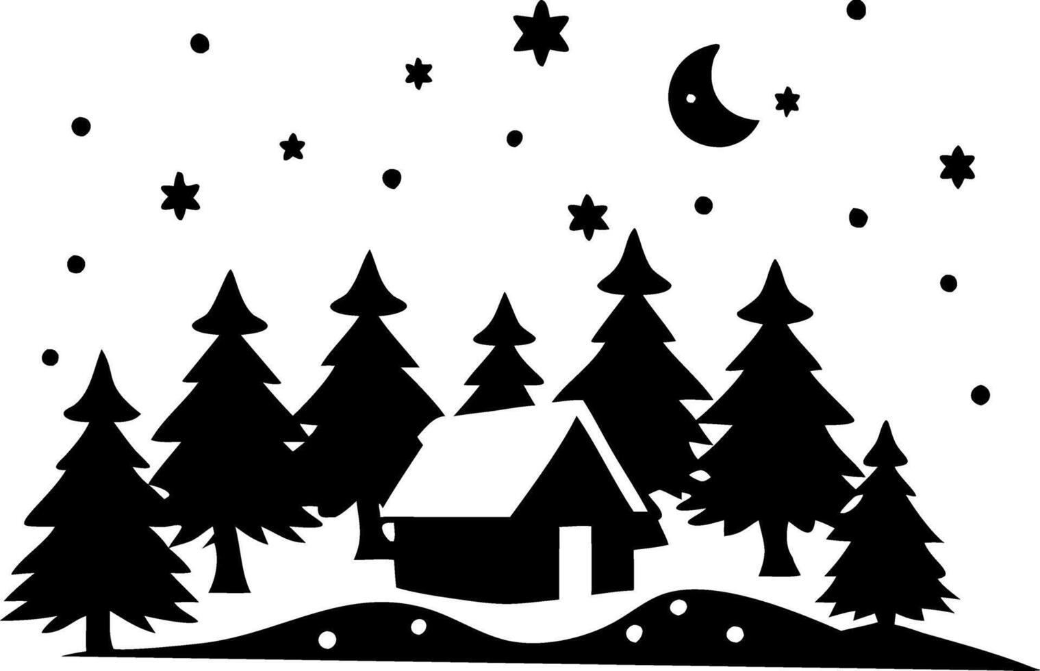 Winter Night Cabin Scene with Pine Trees and Stars Illustration vector