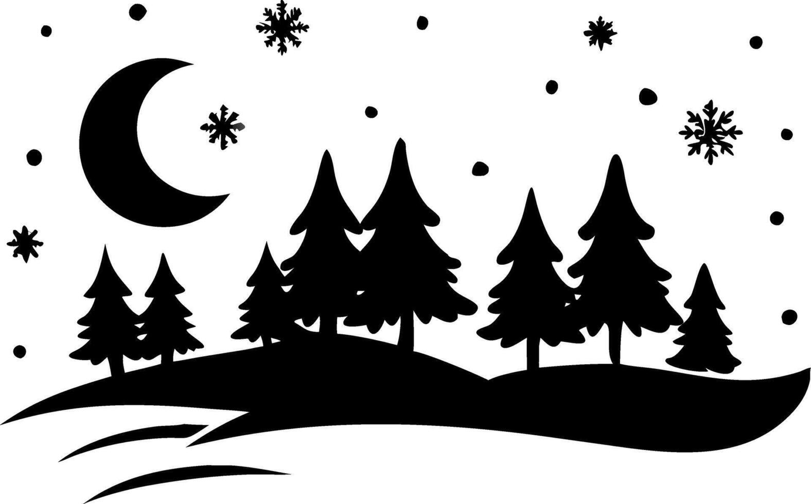 Winter Night Forest Scene Silhouette with Snowflakes and Crescent Moon Illustration vector