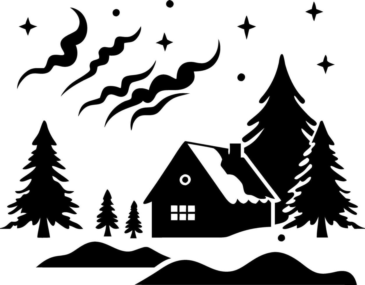 Winter Night Landscape with Cozy Cabin and Pine Trees Under Starry Sky vector
