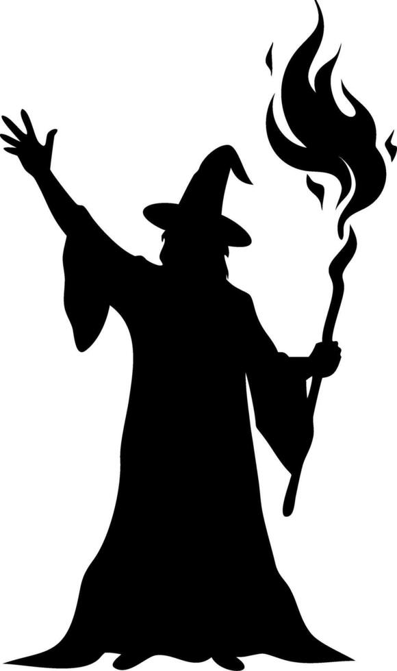 Wizard Silhouette Holding Flaming Staff Magical Illustration Art vector