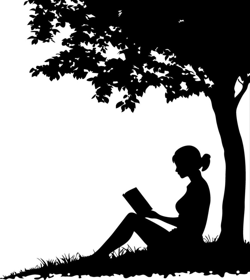 Woman Reading Book Under Tree Silhouette for Relaxation Themes vector
