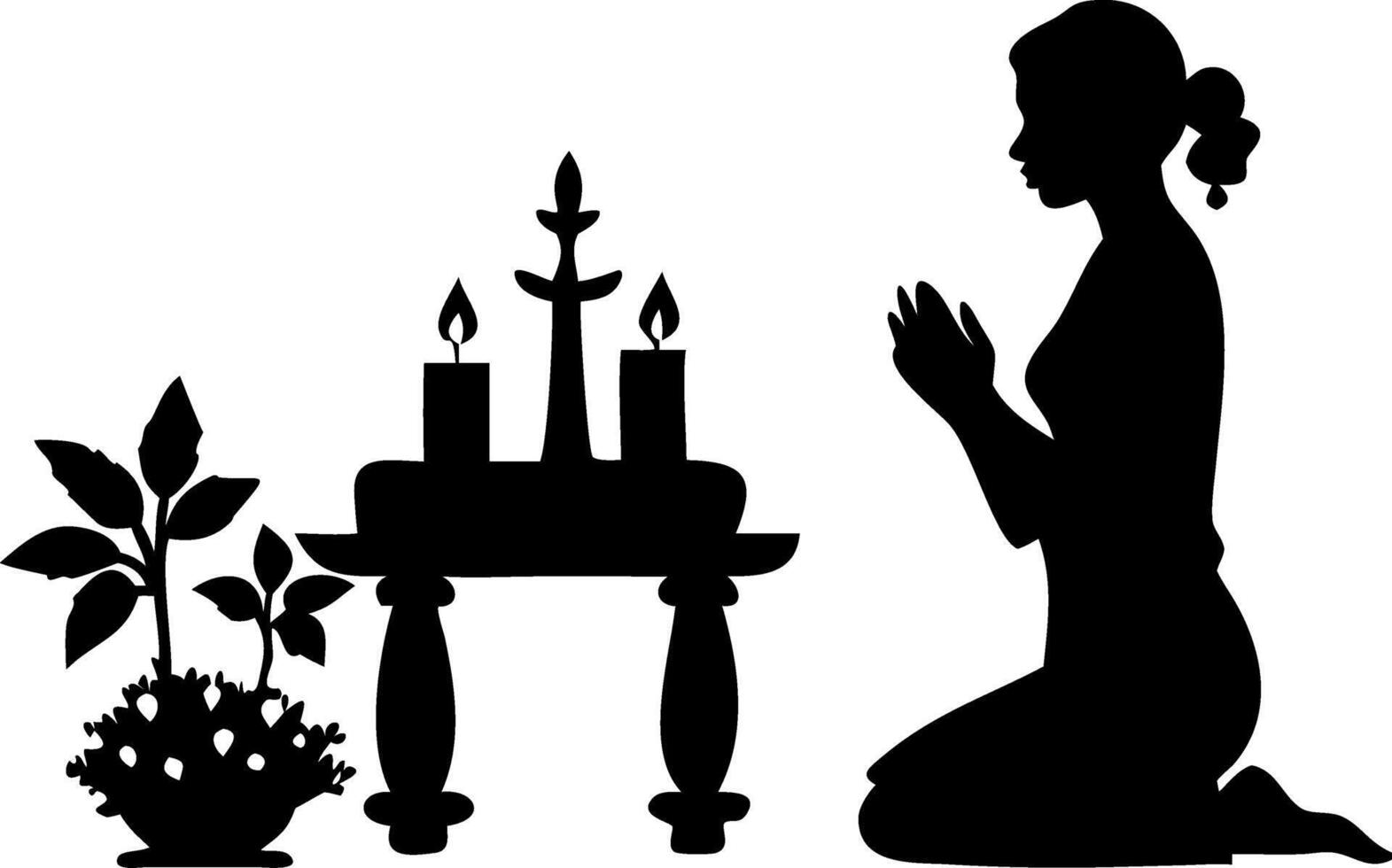 Woman Praying in Serenity Silhouette by Candlelit Altar with Plant for Spiritual Use vector