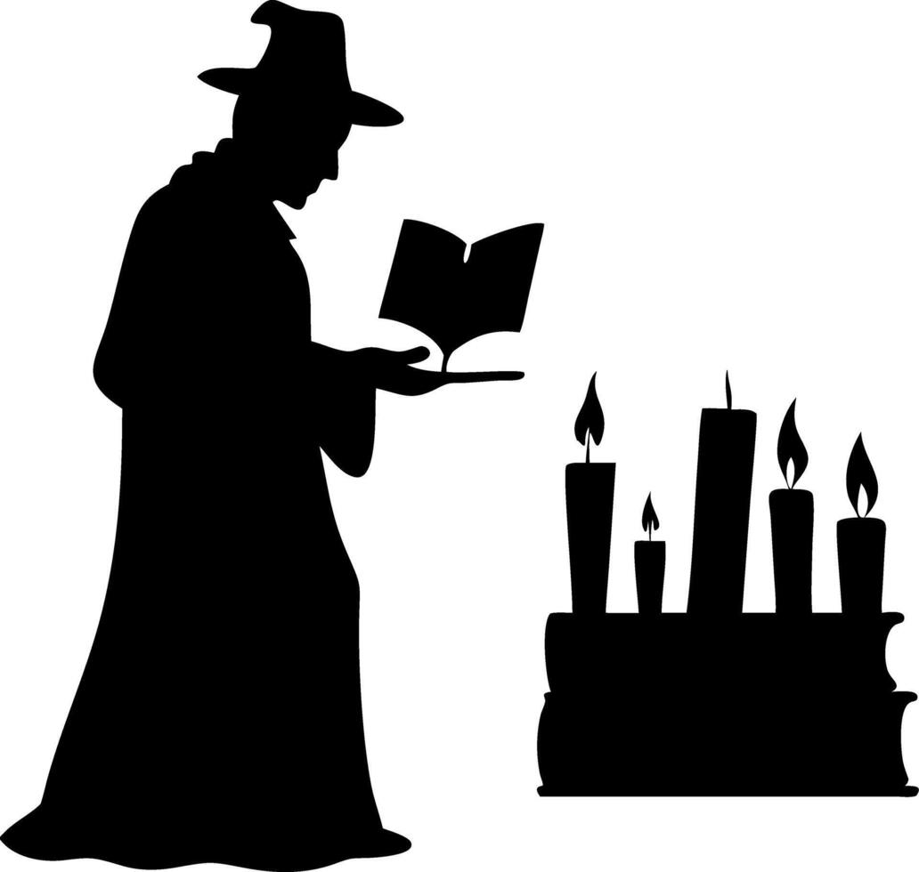 Wizard Silhouette Reading Spellbook by Candlelight for Magic Illustration vector