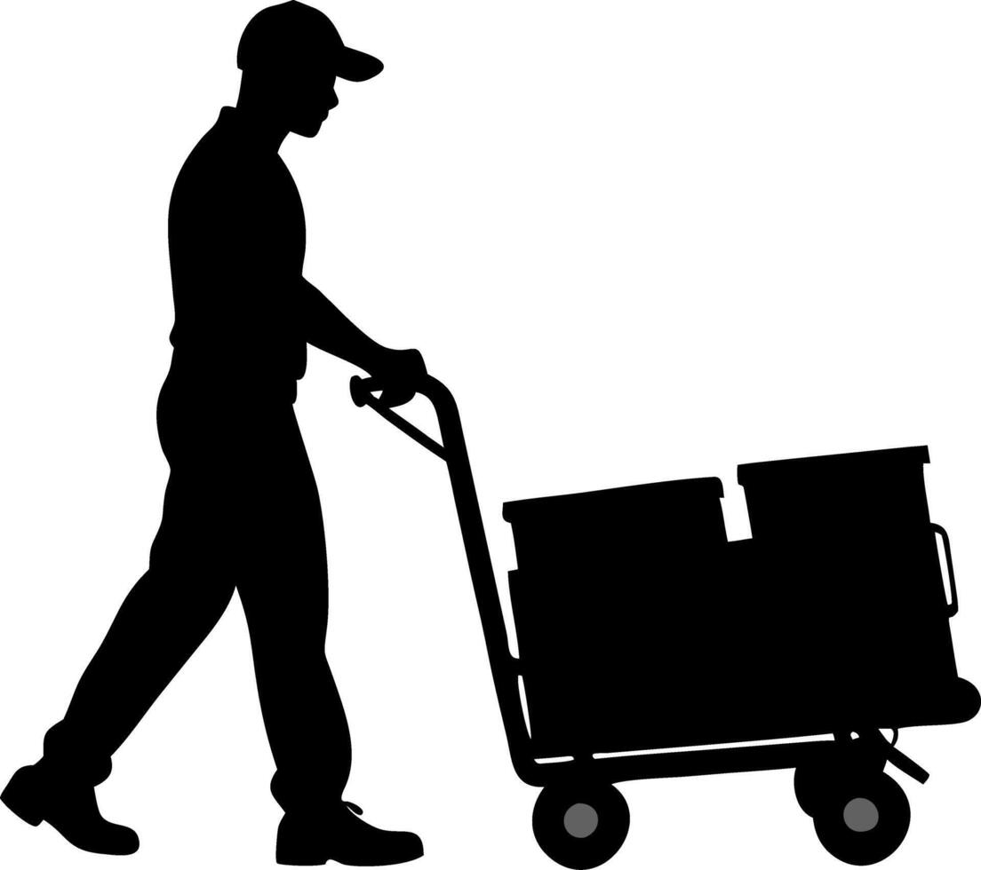 Worker Pushing Hand Truck Silhouette for Logistics and Delivery Themes vector