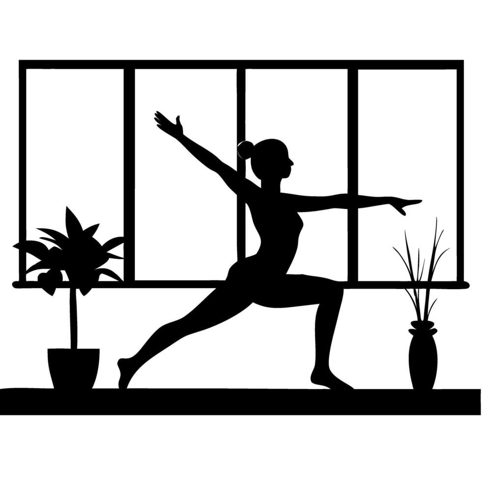 Yoga Warrior Pose Silhouette by Window with Indoor Plants Illustration vector