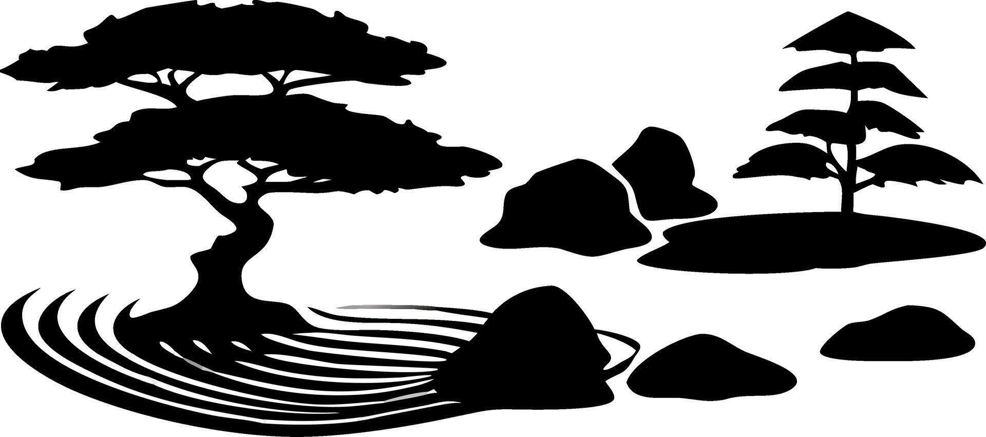 Zen Garden Silhouette Illustration Japanese Minimalist Design for Tattoo and Decor vector