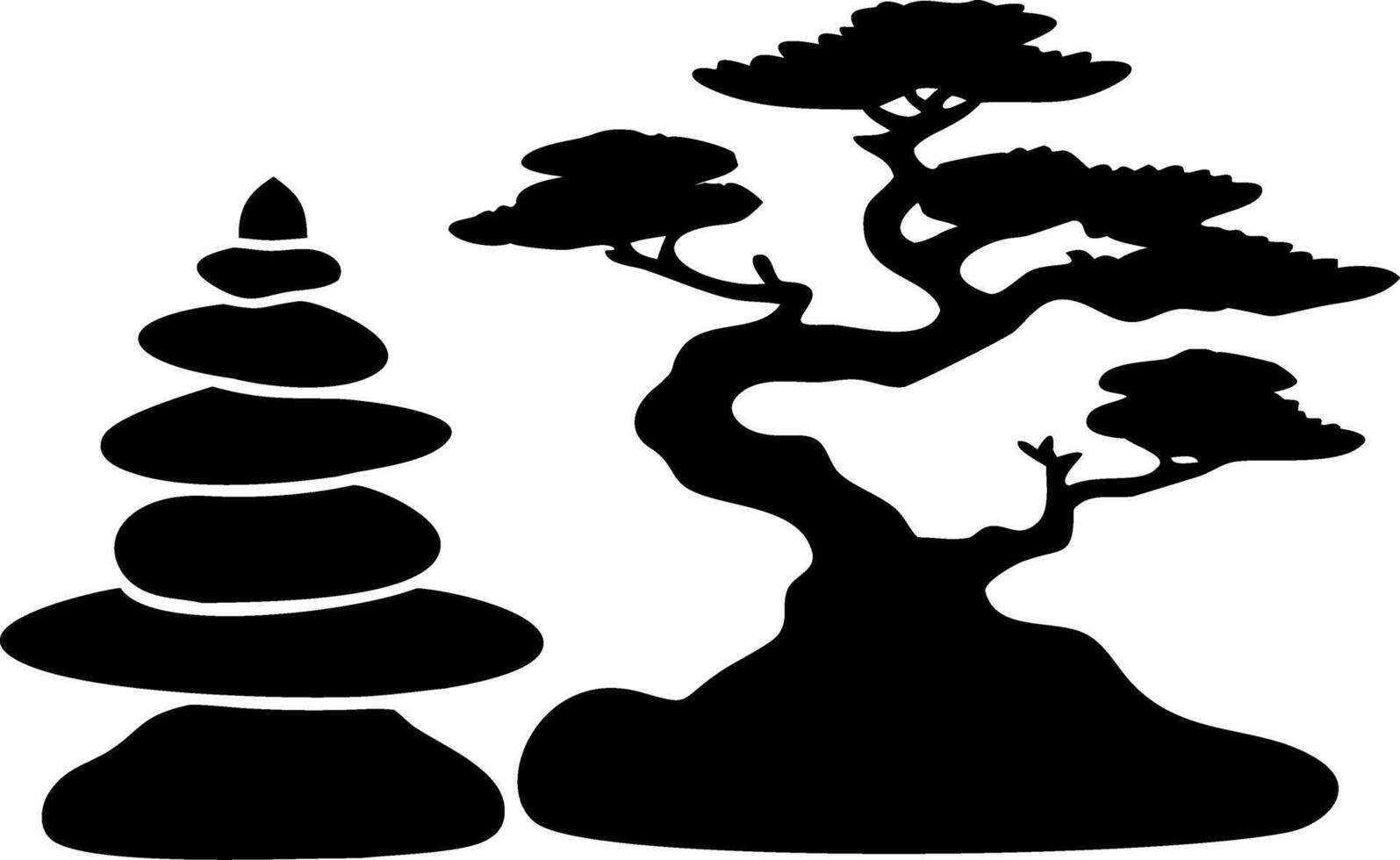 Zen Rock Stack and Bonsai Tree Silhouette for Relaxation and Meditation Art vector