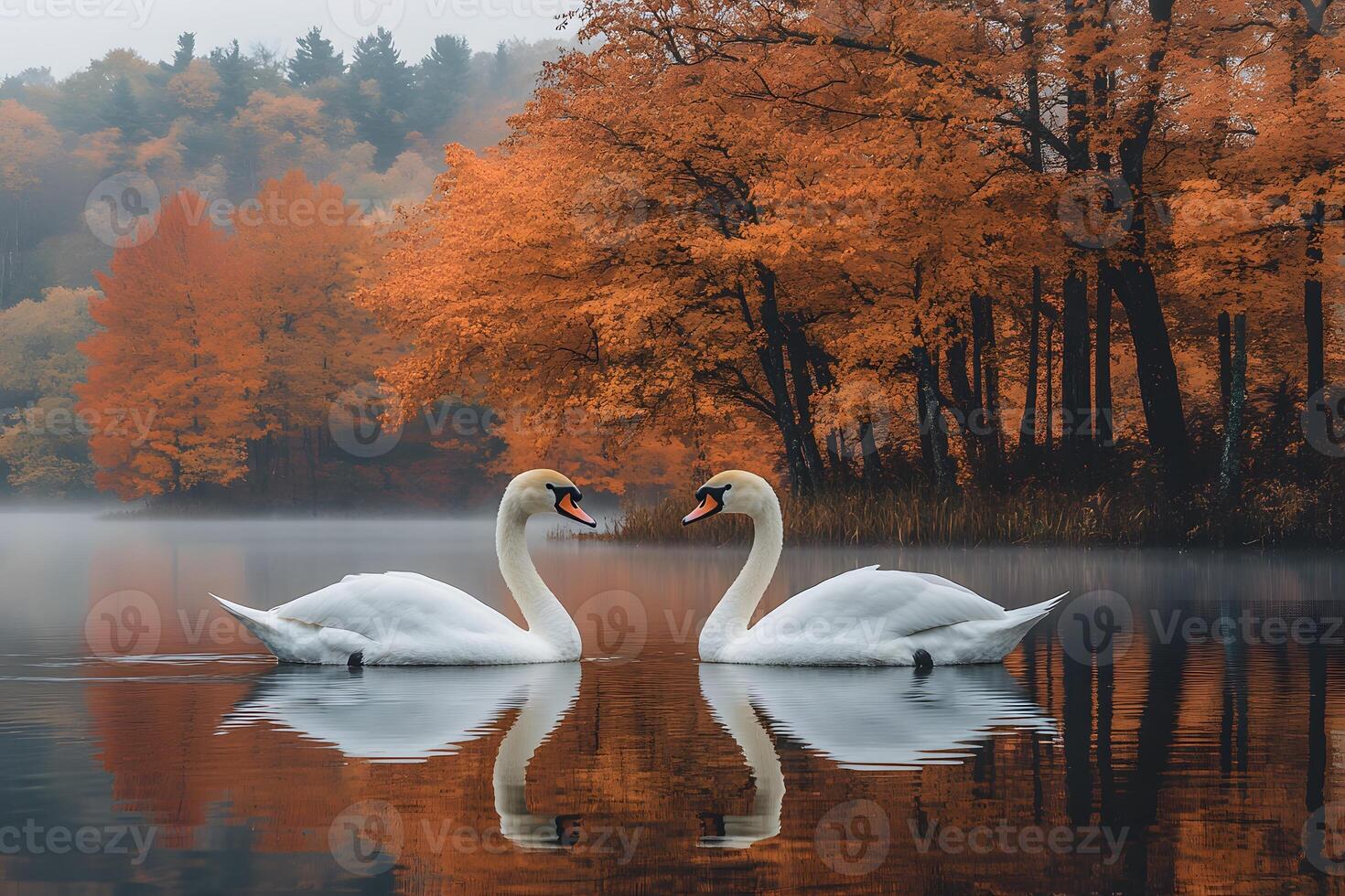Serene Autumn Scene Swans on Misty Lake Surrounded by Vibrant Fall Foliage photo