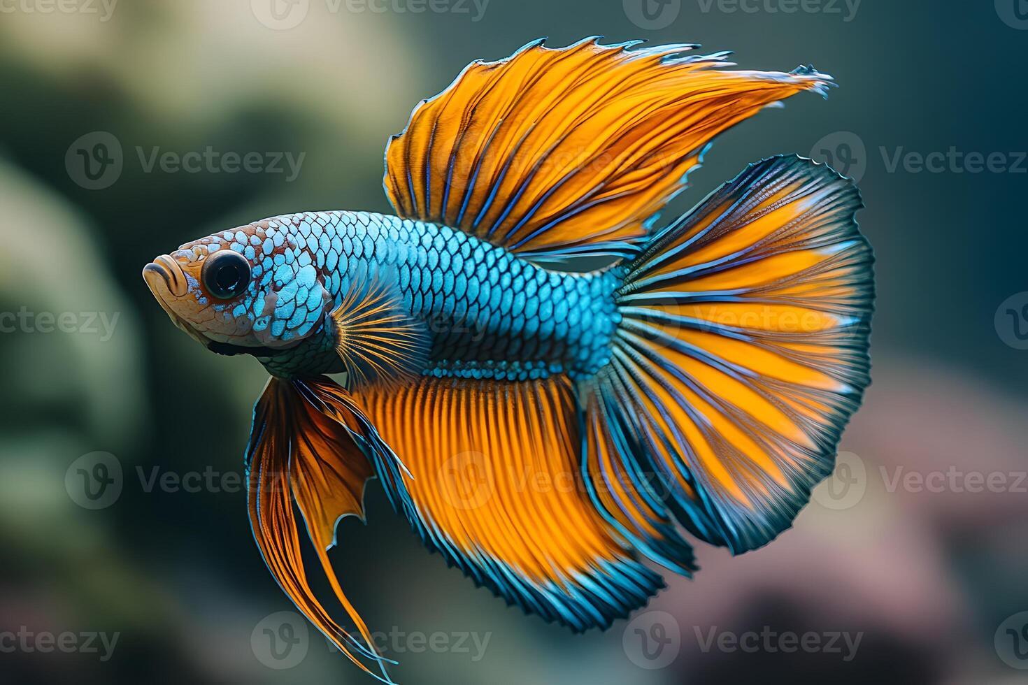 Vibrant Betta Fish with Orange and Blue Scales in Aquatic Setting photo