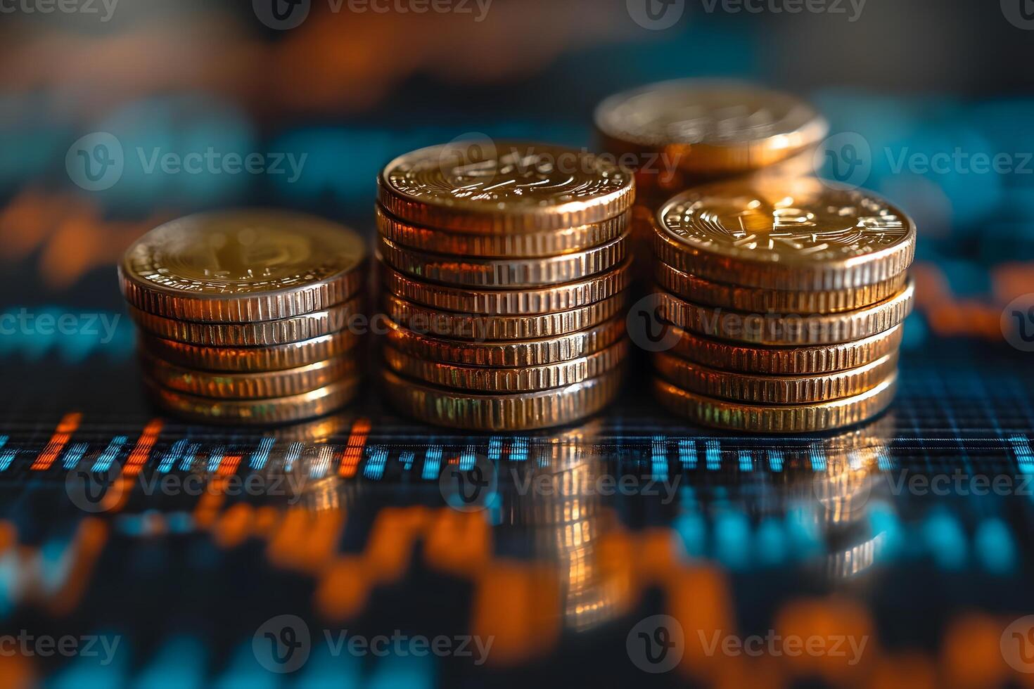 Stacks of Gold Coins on Financial Chart Background for Investment Concepts photo