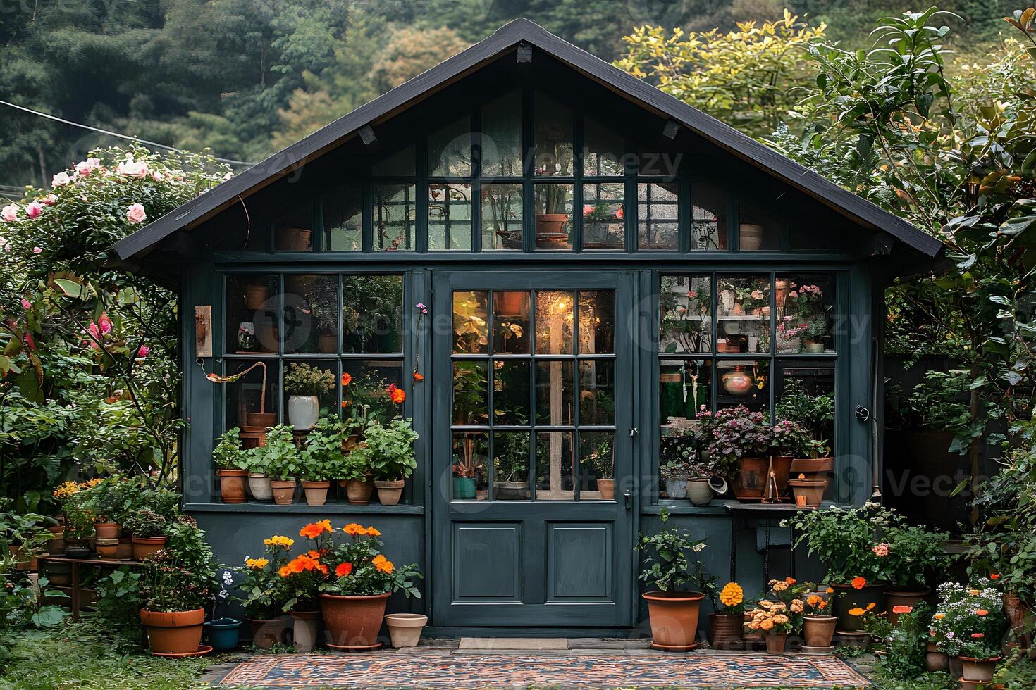 Charming Rustic Garden Greenhouse with Vibrant Blossoms and Lush Foliage for Botanical Inspiration photo