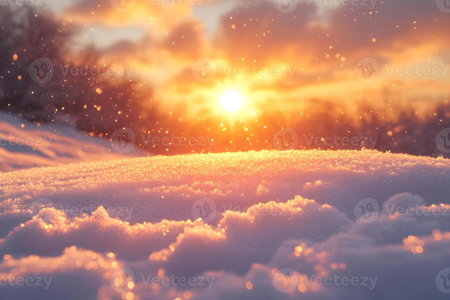 Winter Sunset Serenity Beautiful Snowy Landscape with Golden Sunlight photo