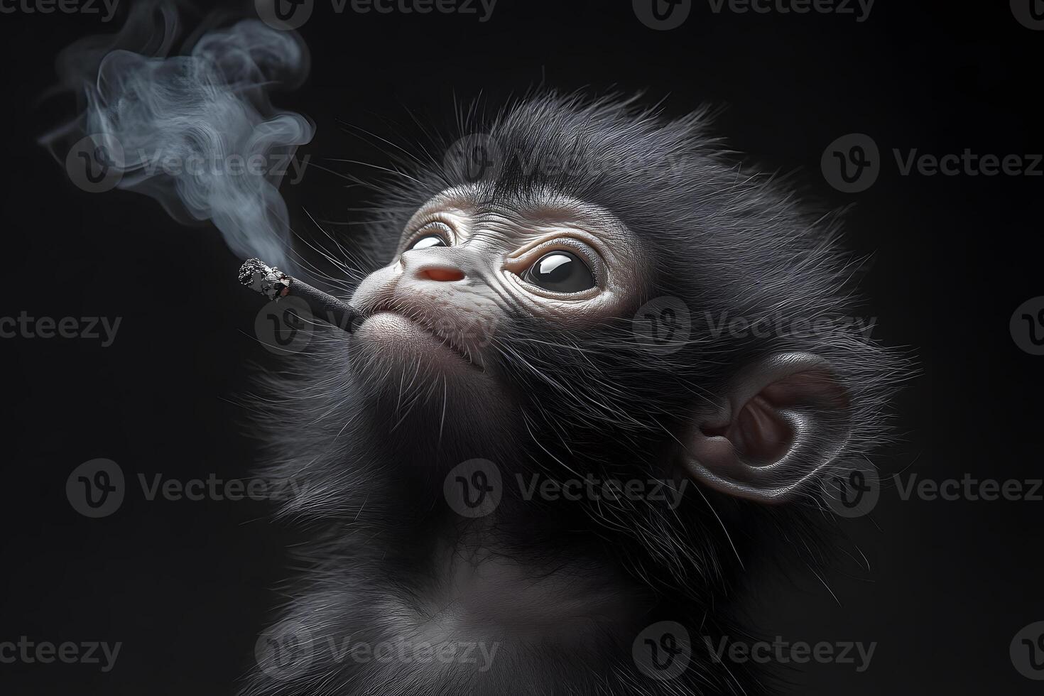 Whimsical Baby Monkey with Cigarette Against Dark Background photo