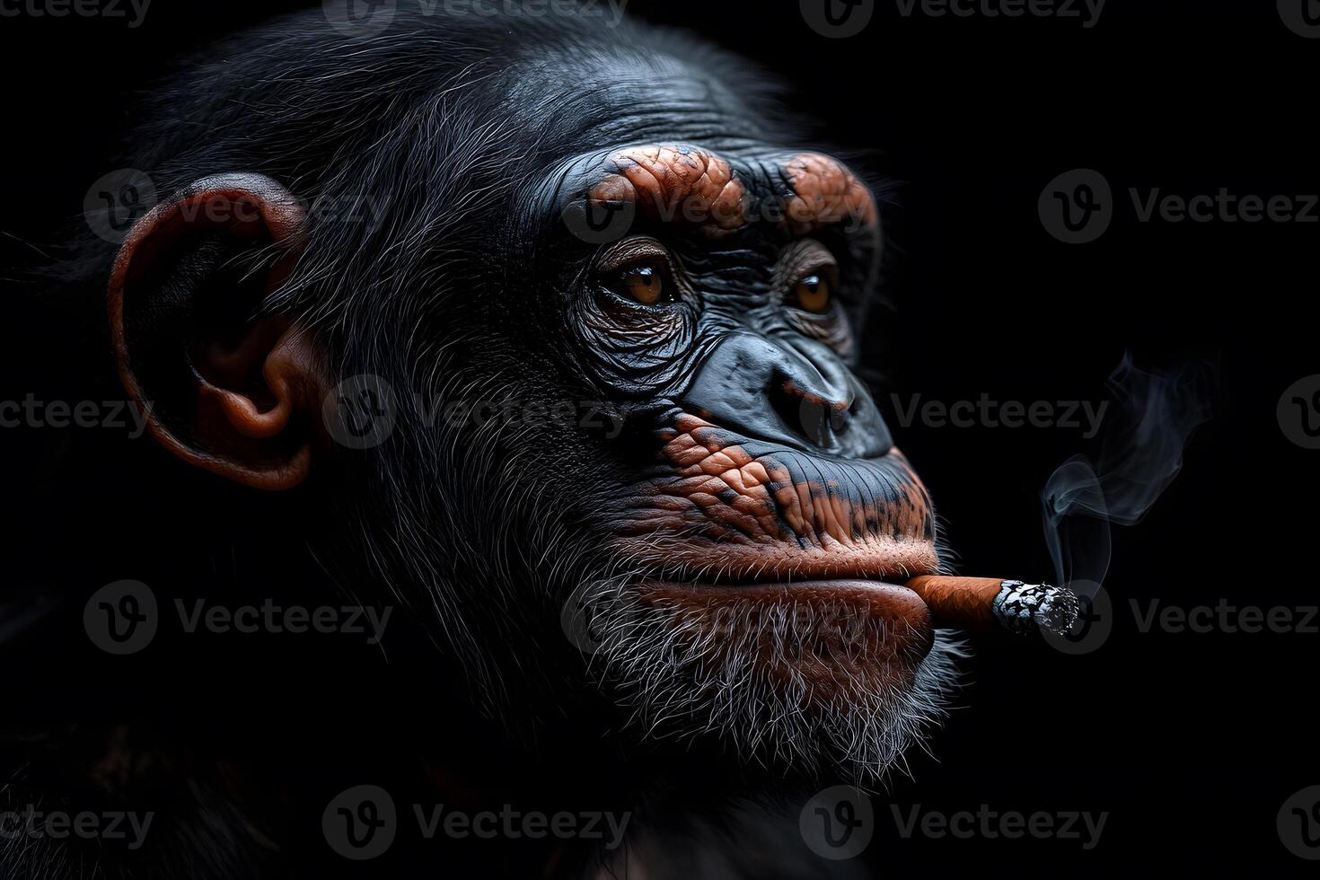 Thoughtful Chimpanzee Portrait with Cigar in Dramatic Lighting photo