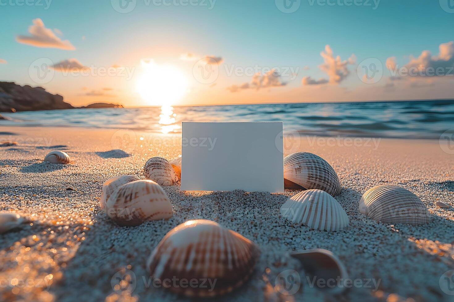 Tropical Beach Sunset with Seashells and Blank Card for Summer Themes photo