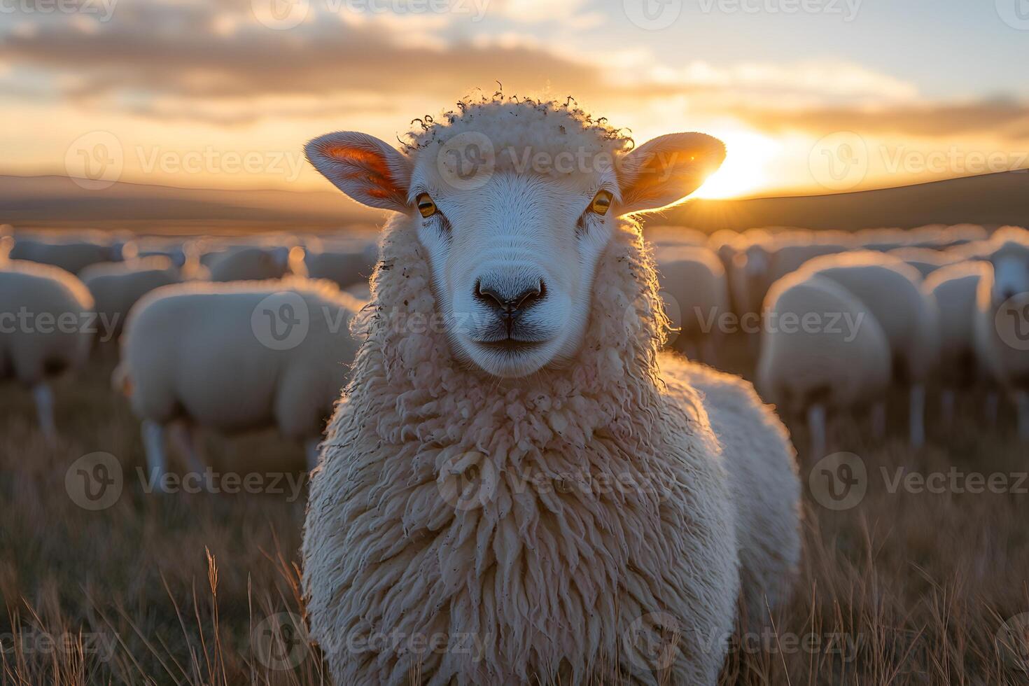 Serene Sunset with Grazing Sheep in Tranquil Pasture Landscape photo