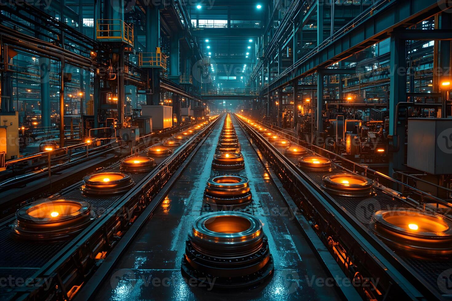 Industrial Factory at Night Showcasing Advanced Machinery and Production Lines photo