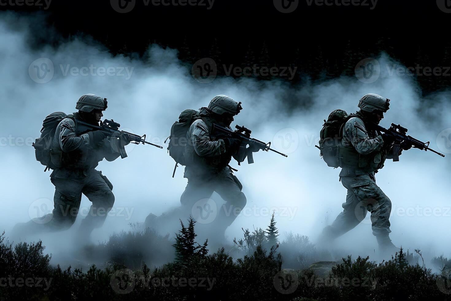 Military Exercise Soldiers on Patrol in a Foggy Forest for Tactical Training and Defense Operations photo