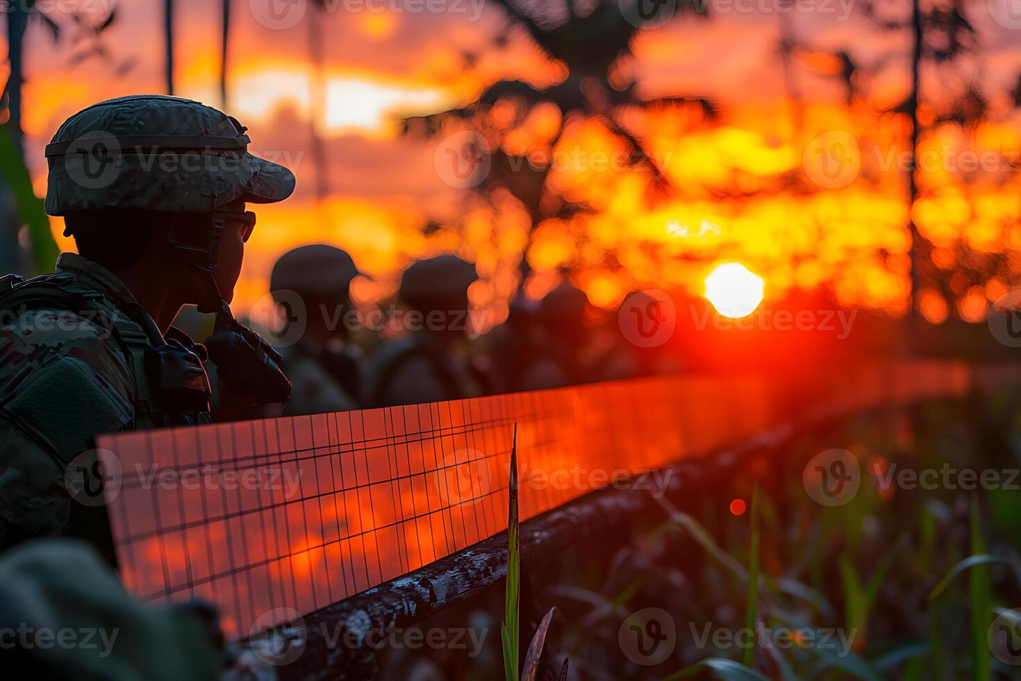 Soldiers on Patrol at Sunset Silhouette in Tropical Jungle Landscape photo