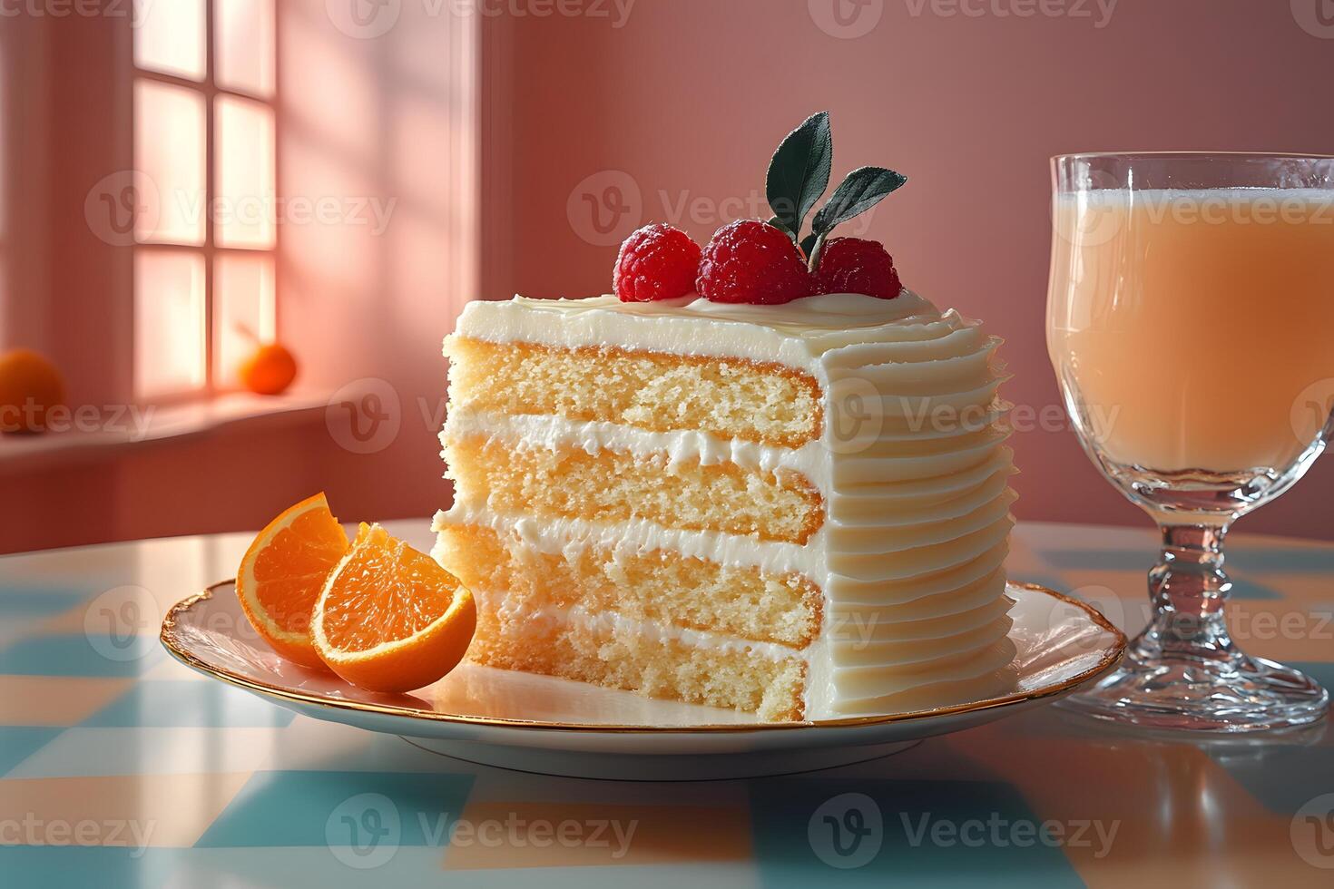 Delicious Cream Cake Slice with Raspberries and Orange Juice on Checkered Table photo