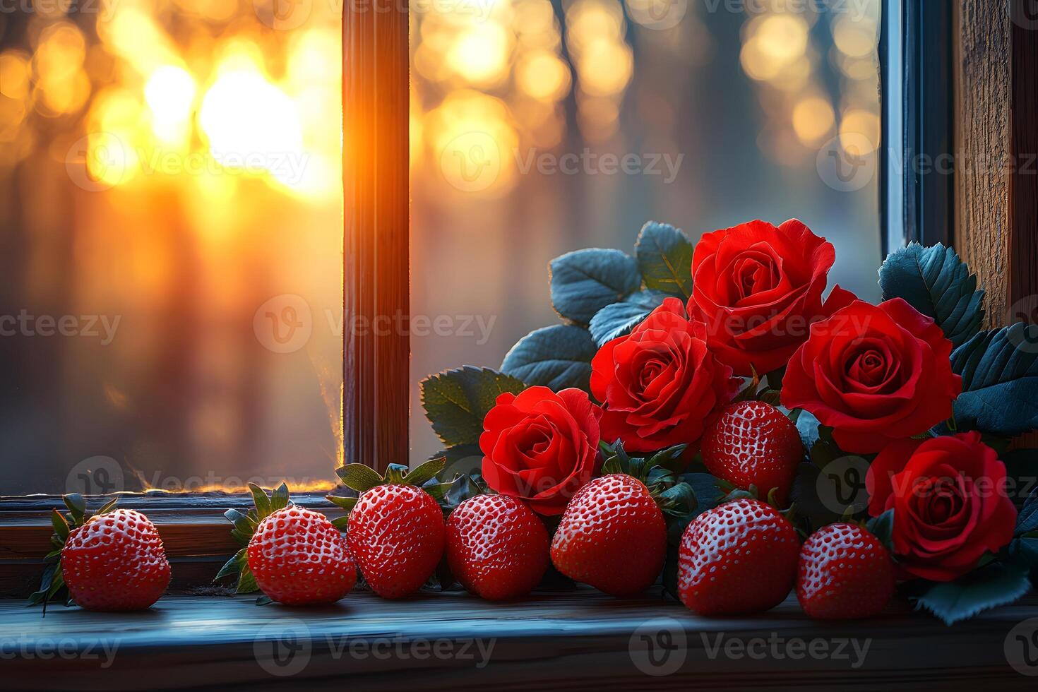 Romantic Sunset with Red Roses and Strawberries by a Window photo