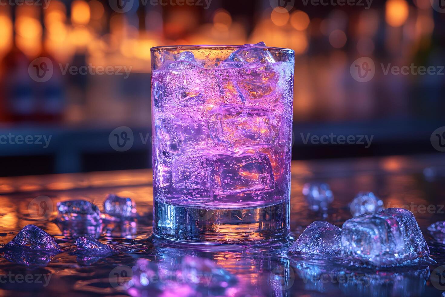Illuminated Ice Cubes in a Glass at Vibrant Night Bar - Perfect for Cocktail Design photo