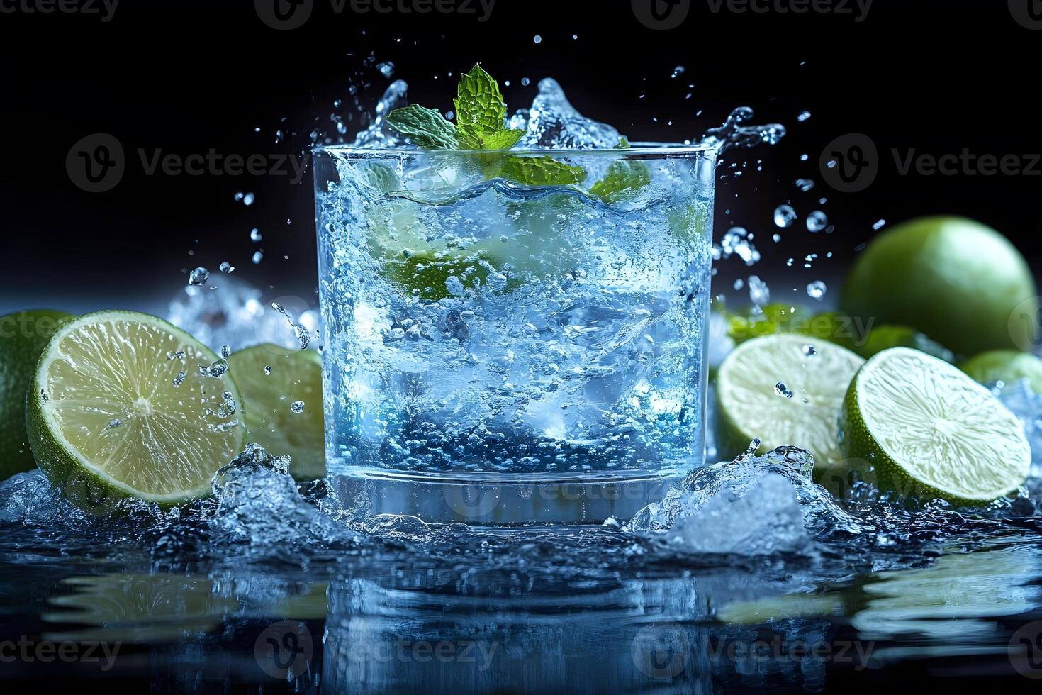 Refreshing Summer Beverage with Lime and Mint Splashing in Glass for Drink Design photo