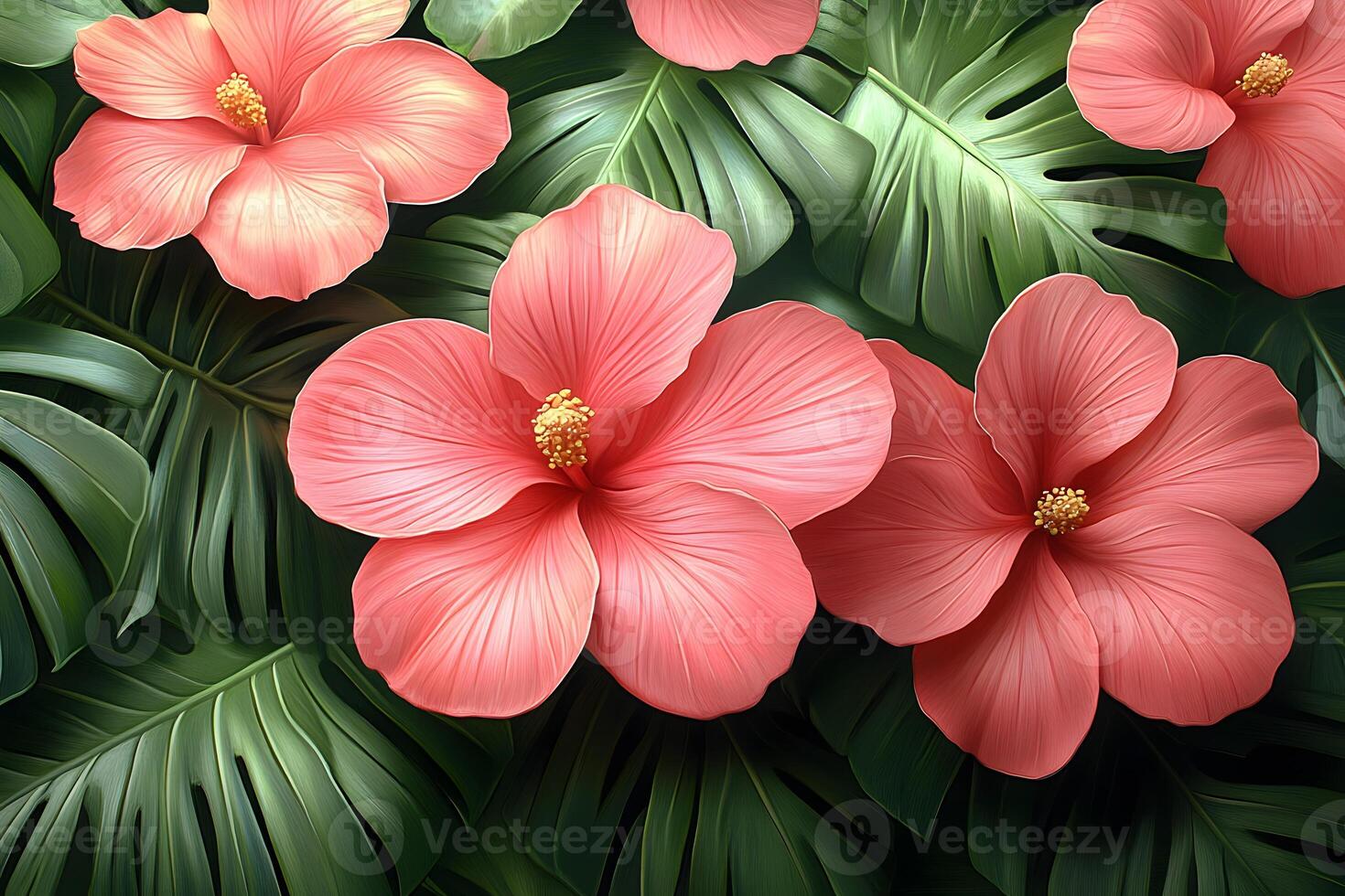 Tropical Floral Pattern with Pink Hibiscus and Green Monstera Leaves for Summer Design photo