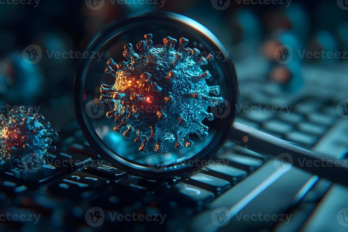 Digital Security Threats Virus Under Magnification on Keyboard Concept photo