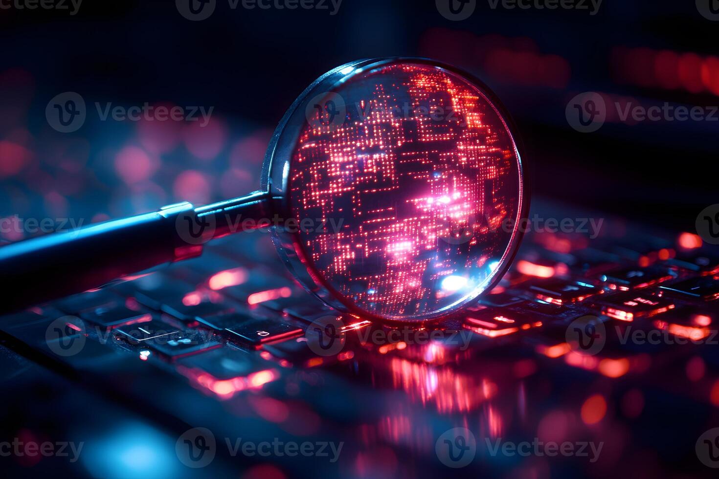 Cybersecurity Analysis Concept with Magnifying Glass and Digital Code on Keyboard photo