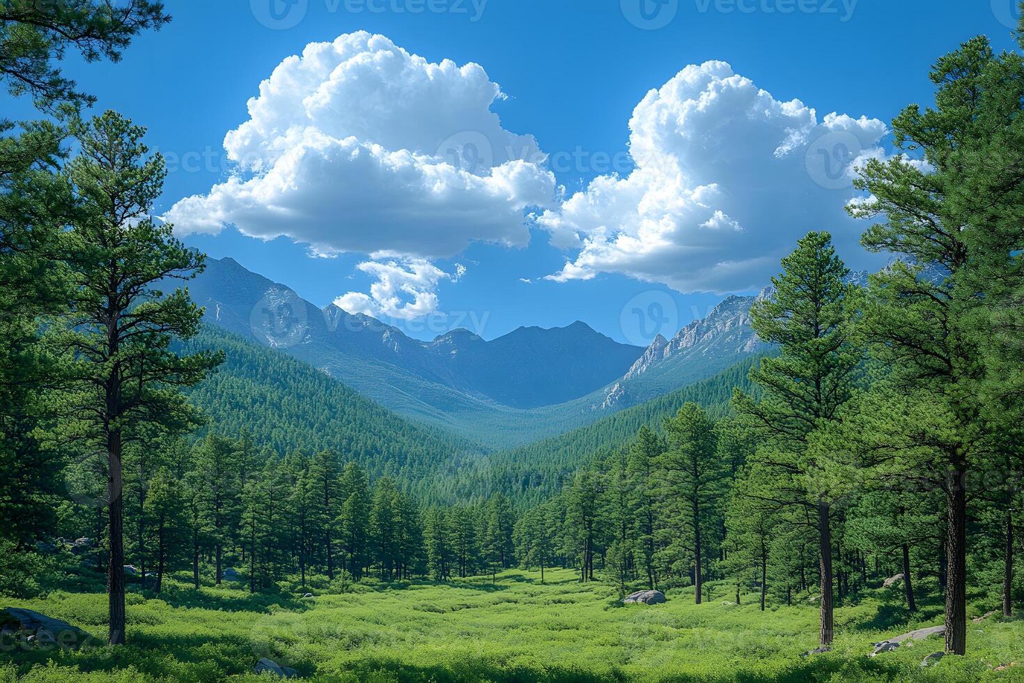 Majestic Mountain Landscape Under Blue Sky and Fluffy Clouds photo