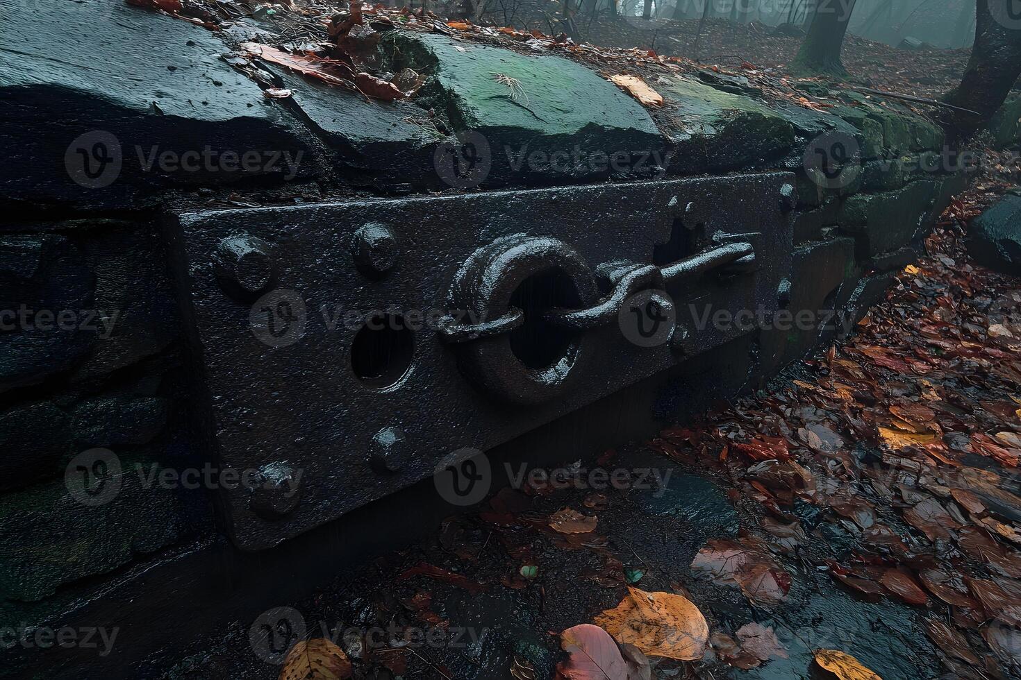 Rustic Forest Lock Mechanism on Stone Wall in Misty Autumn Setting photo