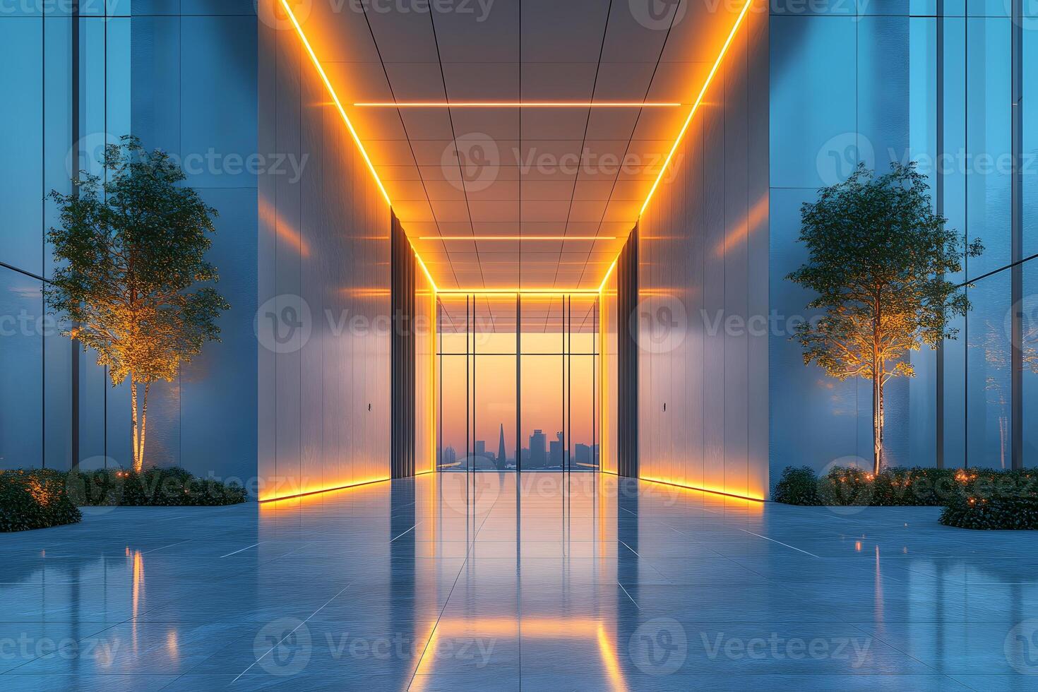 Modern Architectural Hallway with Futuristic Lighting Design and Cityscape View photo