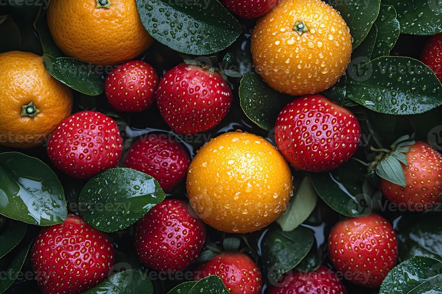 Fresh Citrus and Berry Arrangement with Water Droplets for Natural Design Concepts photo
