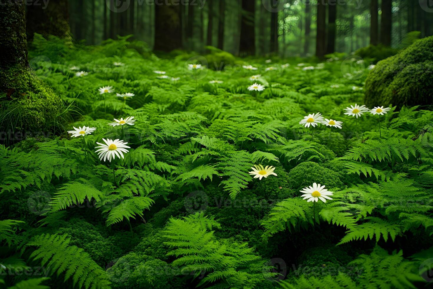 Peaceful Forest with Daisies and Ferns Nature Tranquility Concept for Print and Card Design photo