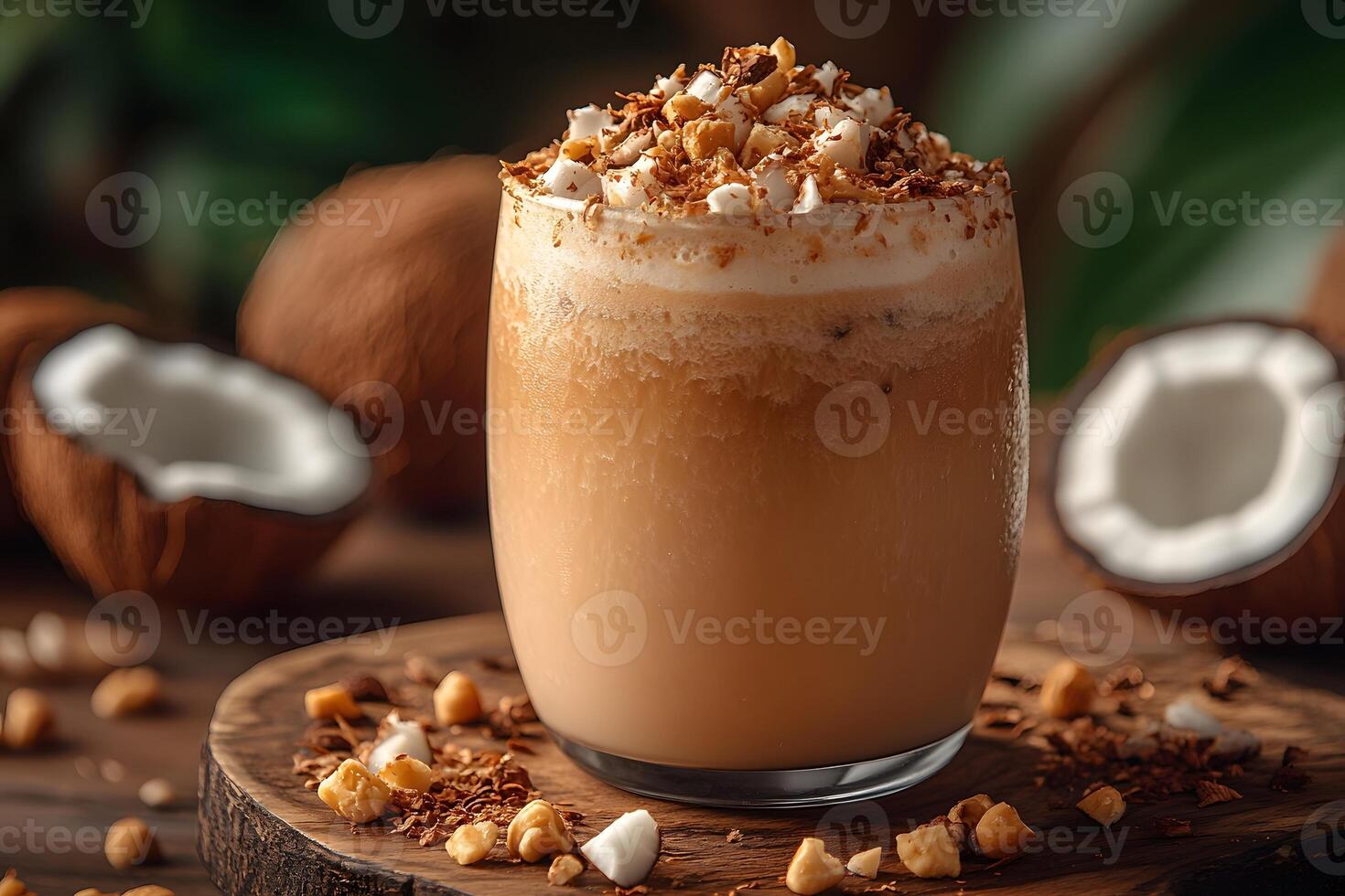 Creamy Coconut Macadamia Coffee Drink with Chocolate Shavings and Marshmallows photo