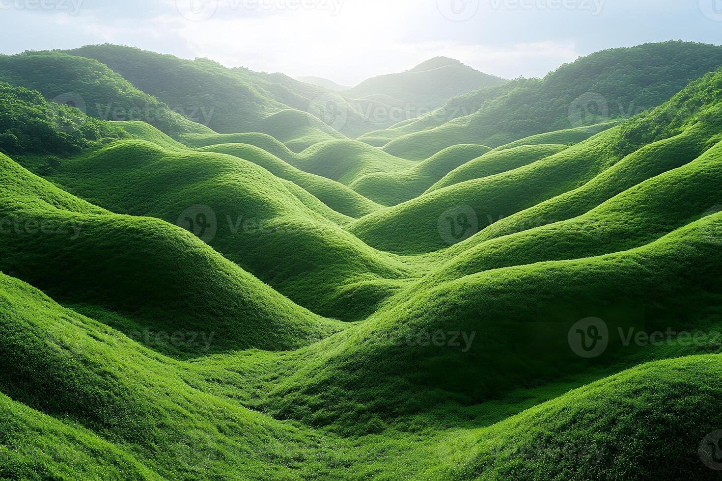 Rolling Green Hills Under Bright Sky - Nature Landscape Design for Print and Poster photo