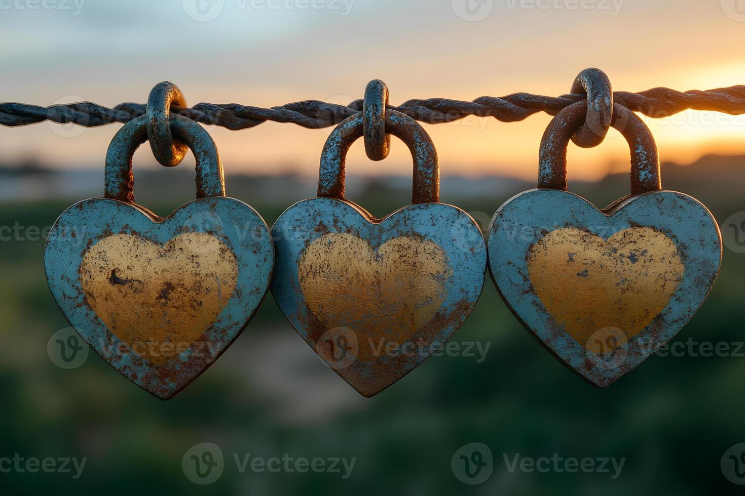 Love and Romance Concept with Heart-Shaped Rusty Padlocks on Wire at Sunset photo