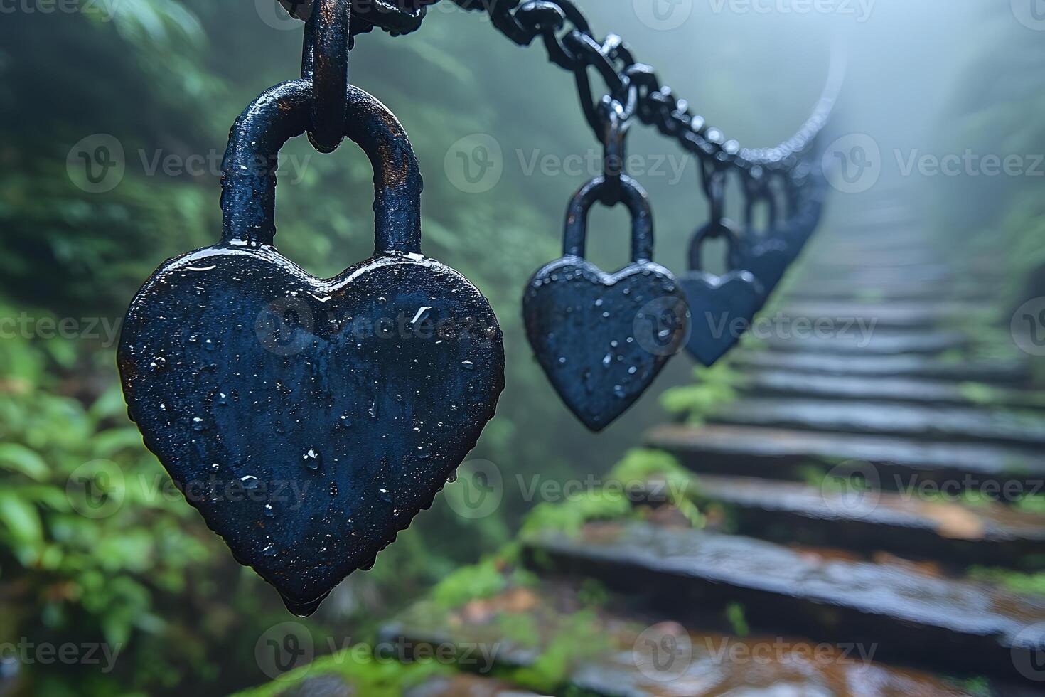 Heart-Shaped Locks on Misty Staircase - Love and Serenity in Nature photo