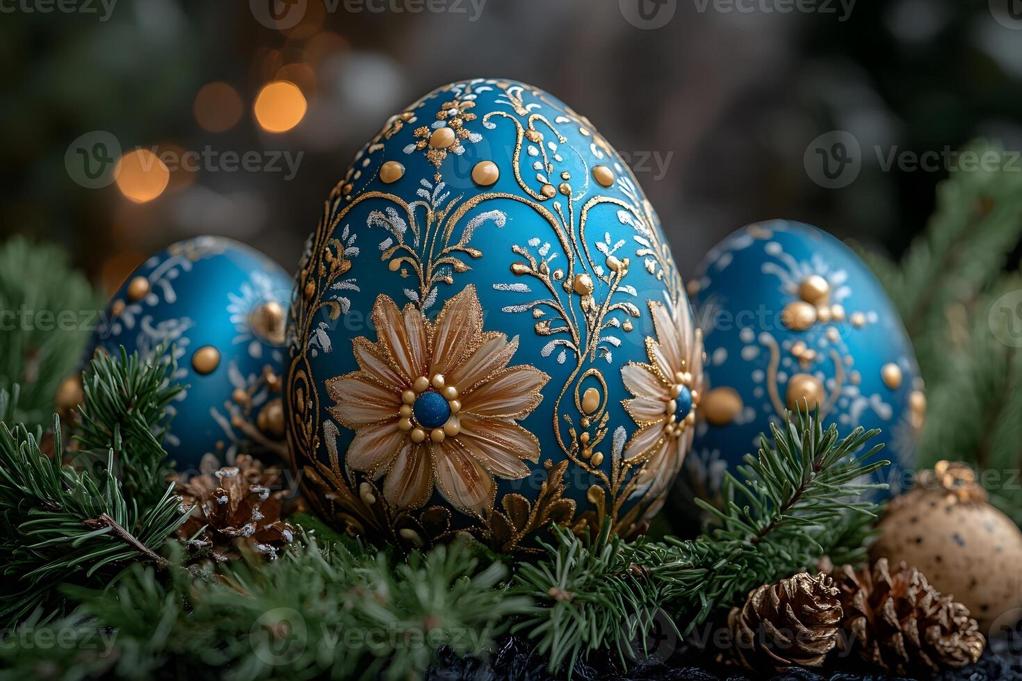 Elegant Easter Decor Intricately Designed Blue and Gold Eggs with Floral Patterns photo