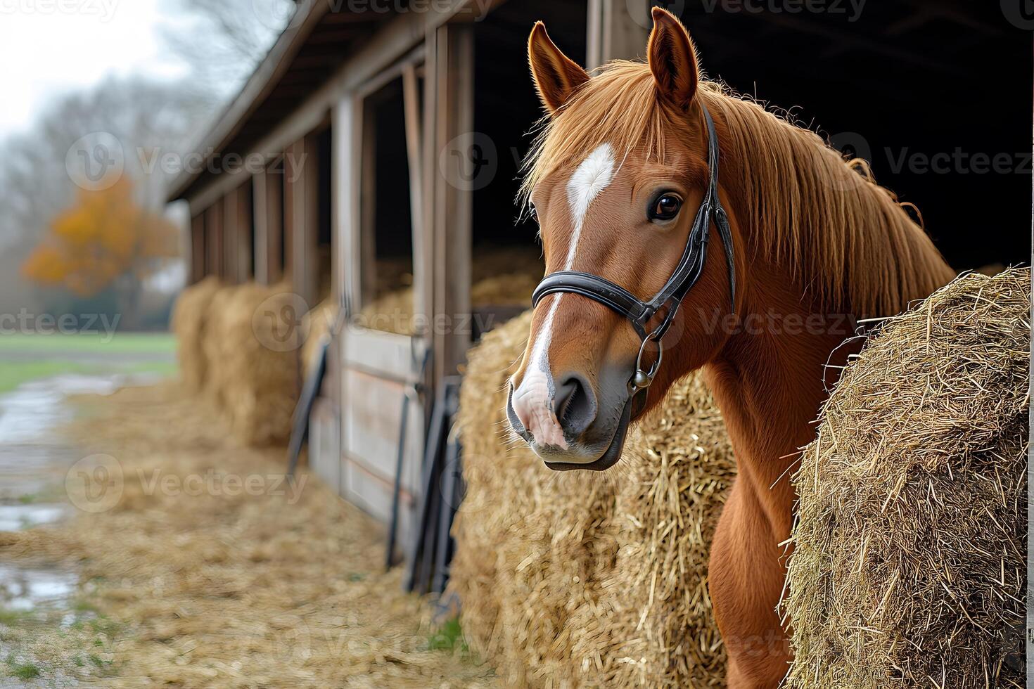 Chestnut Horse in Rustic Stable Setting for Equestrian and Farm Themes photo