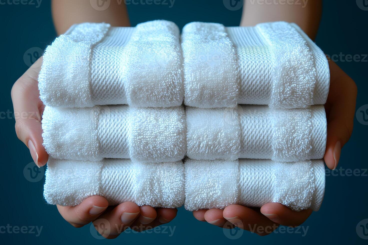Stacked White Towels in Hands for Spa, Hospitality, Relaxation Themes photo