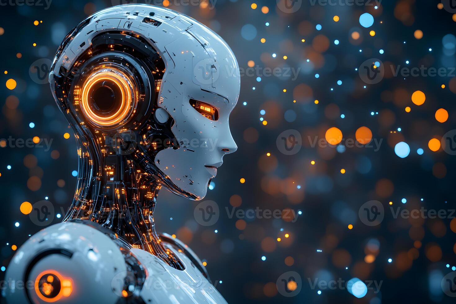 Futuristic AI Concept - Cybernetic Android Profile Glowing in Digital Space photo
