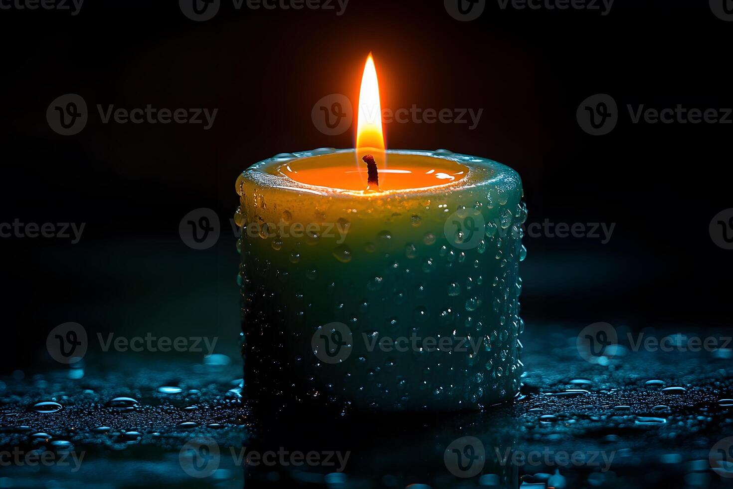 Serene Candle with Water Droplets Against Dark Background for Tranquil Decor photo