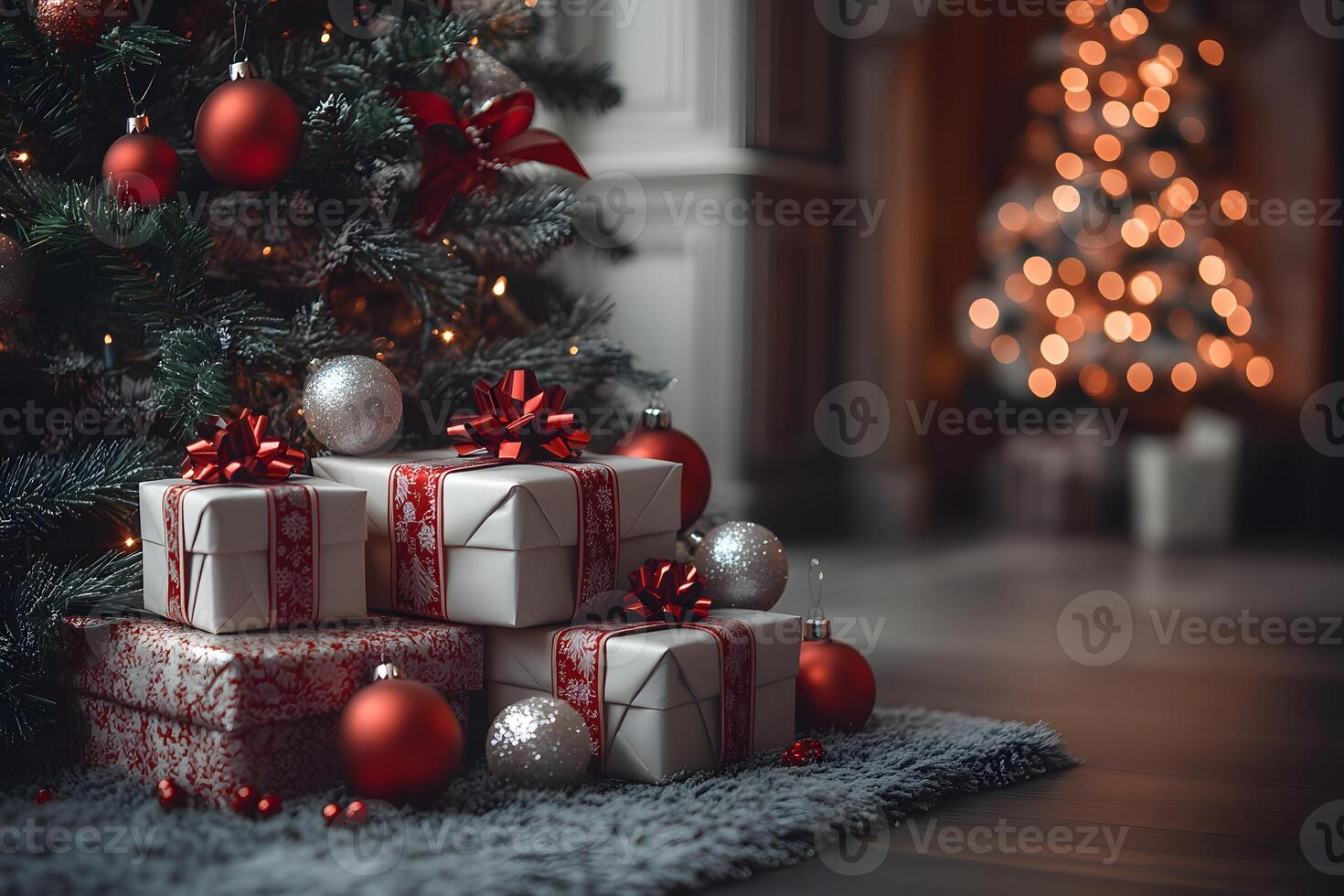 Christmas Gift Boxes and Festive Tree with Ornaments for Holiday Celebration and Decor photo