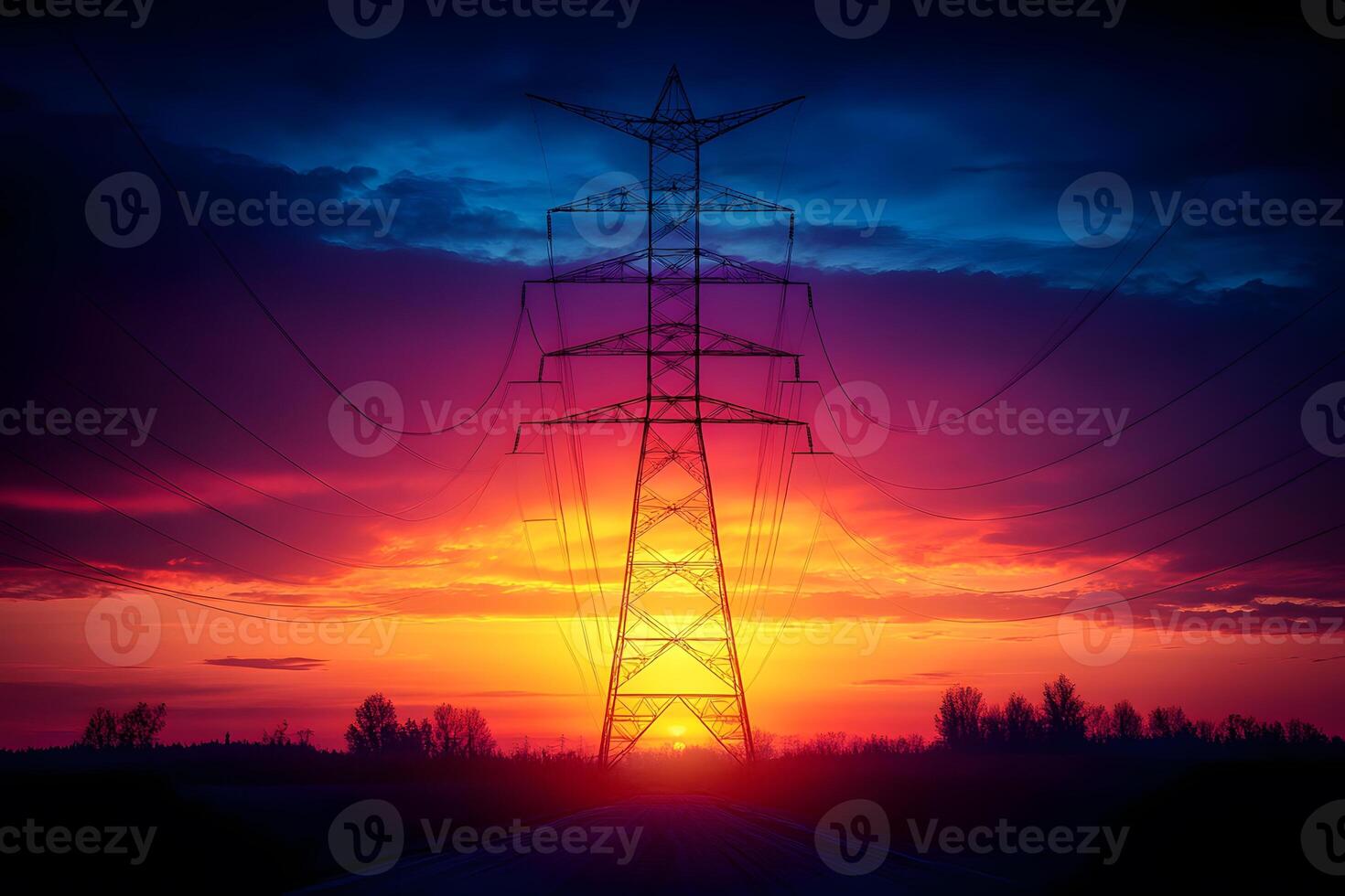Electric Sunset Silhouette with Dramatic Sky for Energy-Themed Prints photo