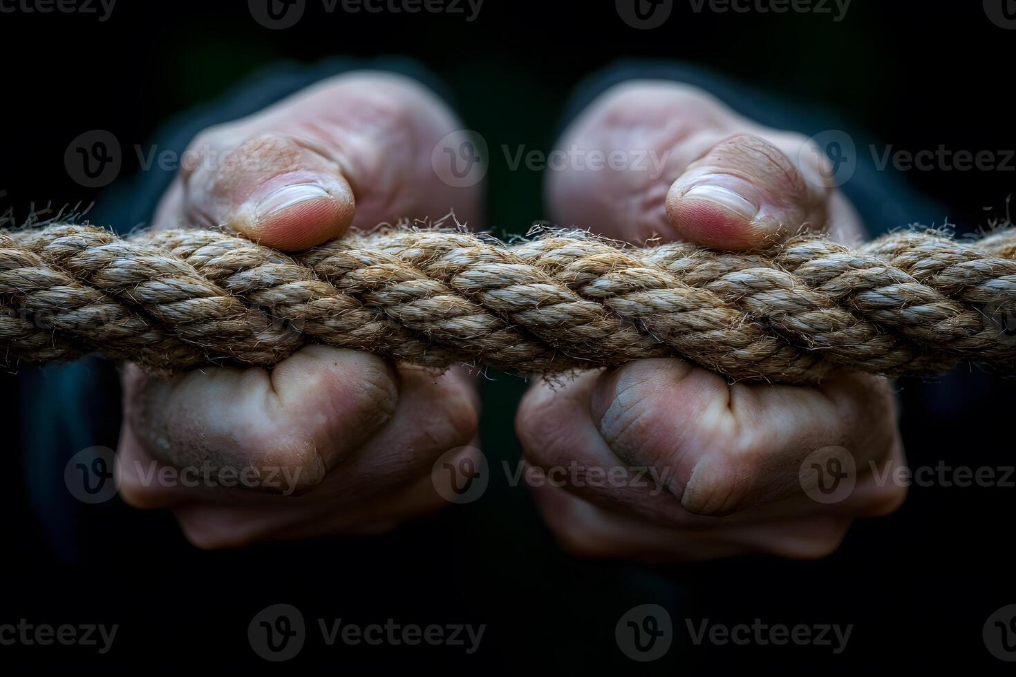 Strength and Determination Close-Up of Hands Pulling a Rope for Teamwork and Perseverance photo