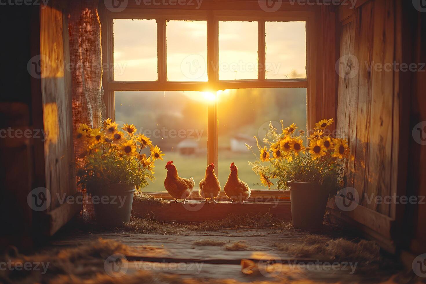 Rural Sunrise with Chickens and Sunflowers by a Rustic Window - Farm Life Inspiration photo